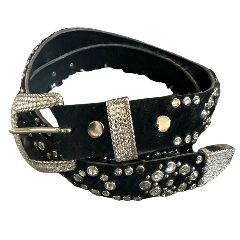 Kippys Swarovski Crystal Rhinestone Cow Hide Black Leather Belt Size 36